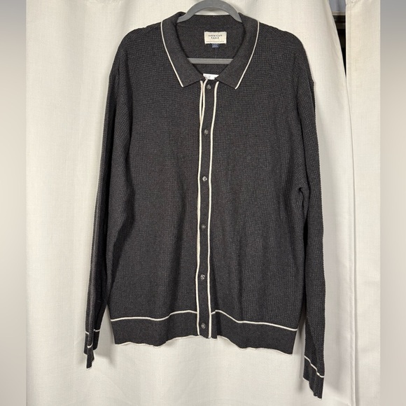 American Eagle Long Sleeve Tipped Waffle Grey and White Sweater Polo Cardigan XL - Picture 3 of 9